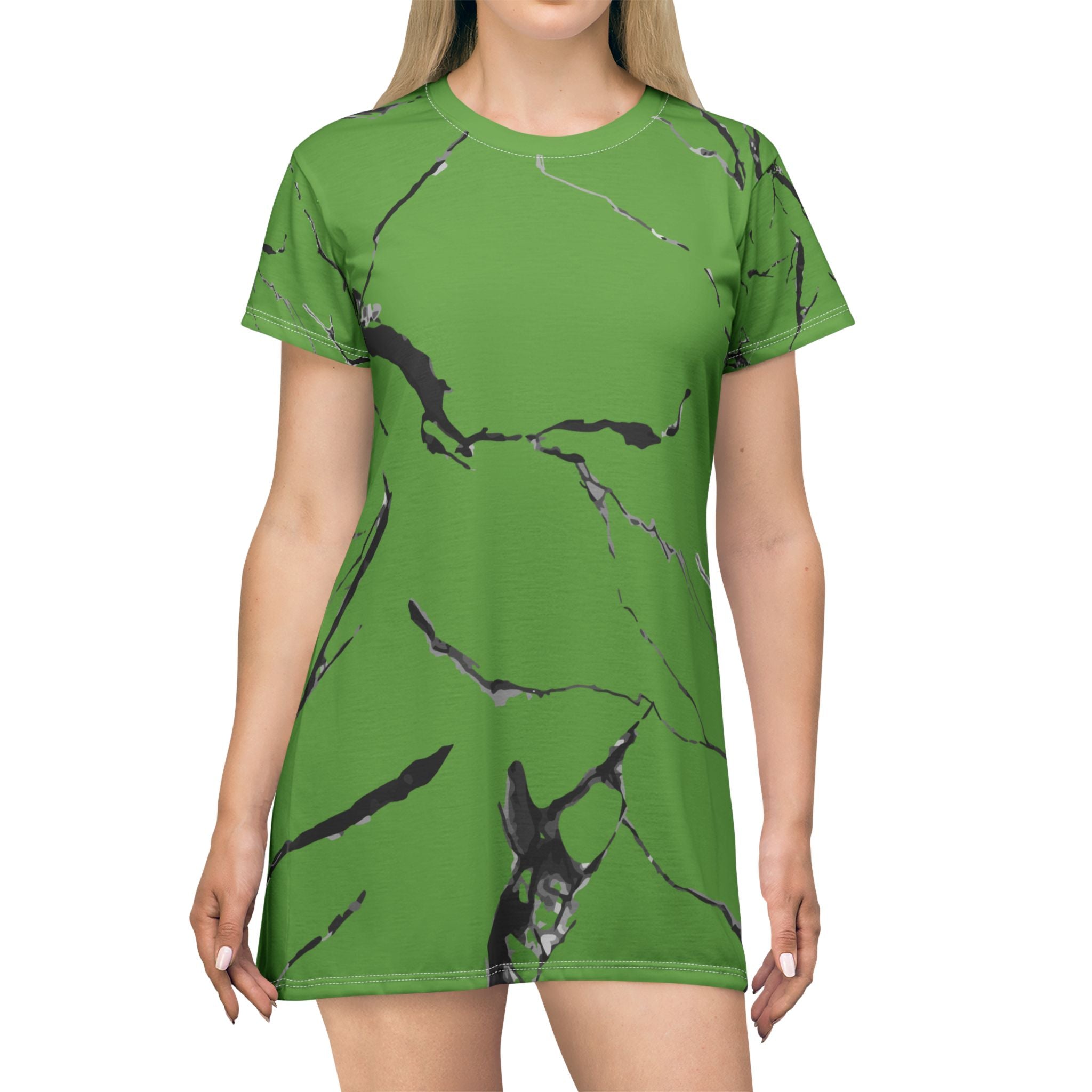 Trendy Green Marble T-Shirt Dress, Casual Summer Dress, Everyday Wear, Gift for Her, Unique Fashion Statement
